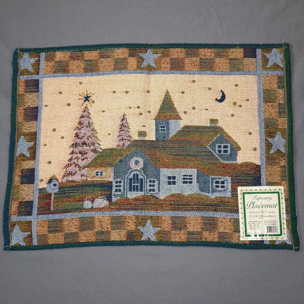 4 Christmas Tapestry Placemats Church Winter Moon Stars Country Cottagecore 90s